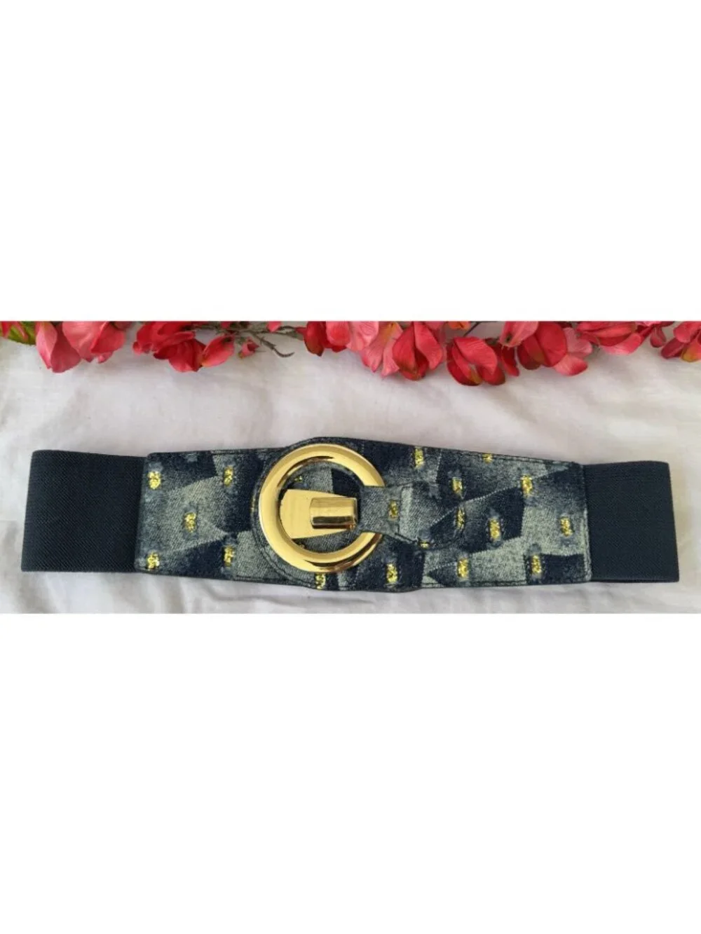 Women Blue Stretch Wide Faux Leather Wide Fabric Belt Gold Hook Buckle Size M